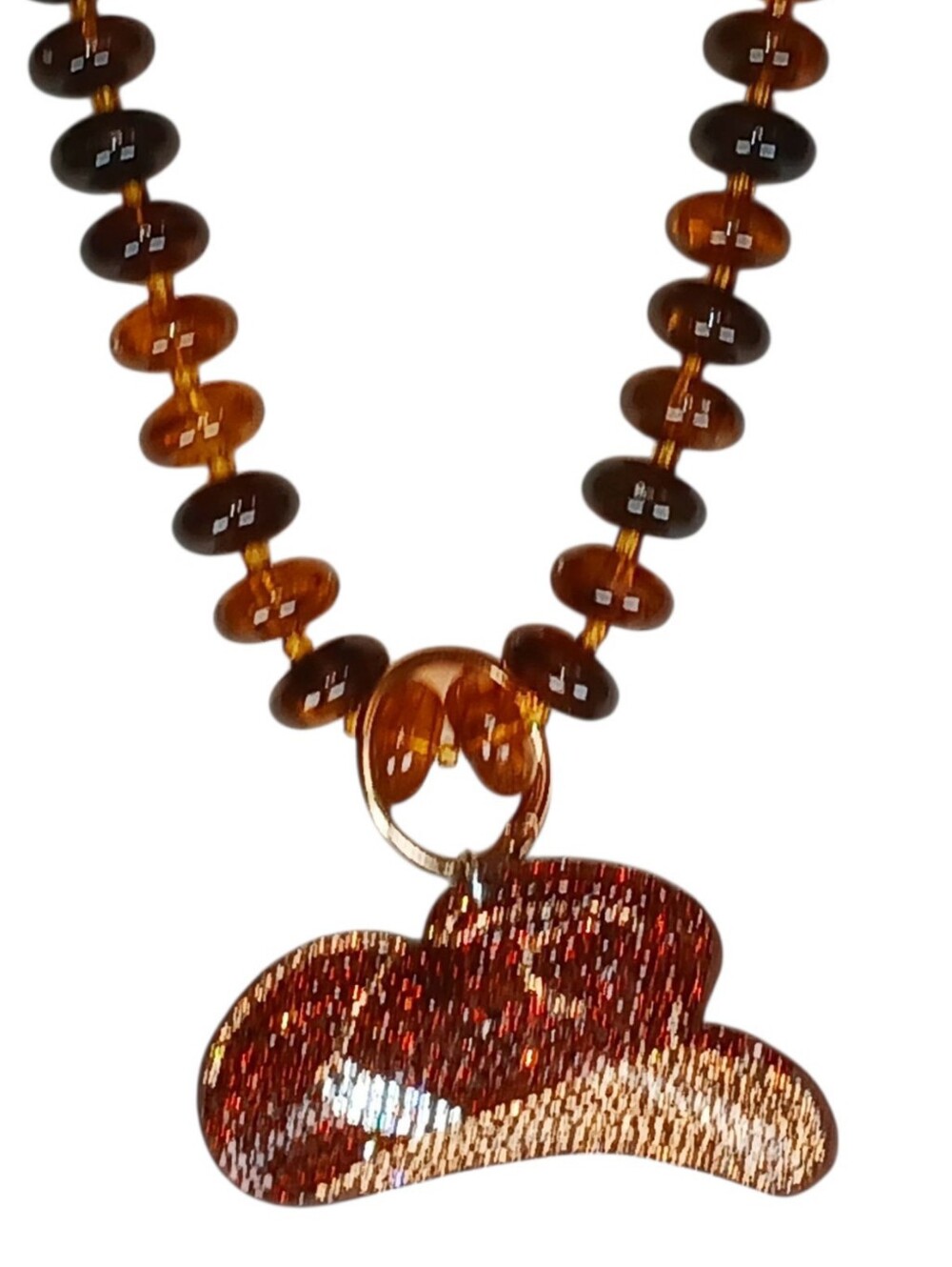 Chunky Tortoiseshell Beaded Cowboy Hat Charm Necklace Western Whimsical Grunge